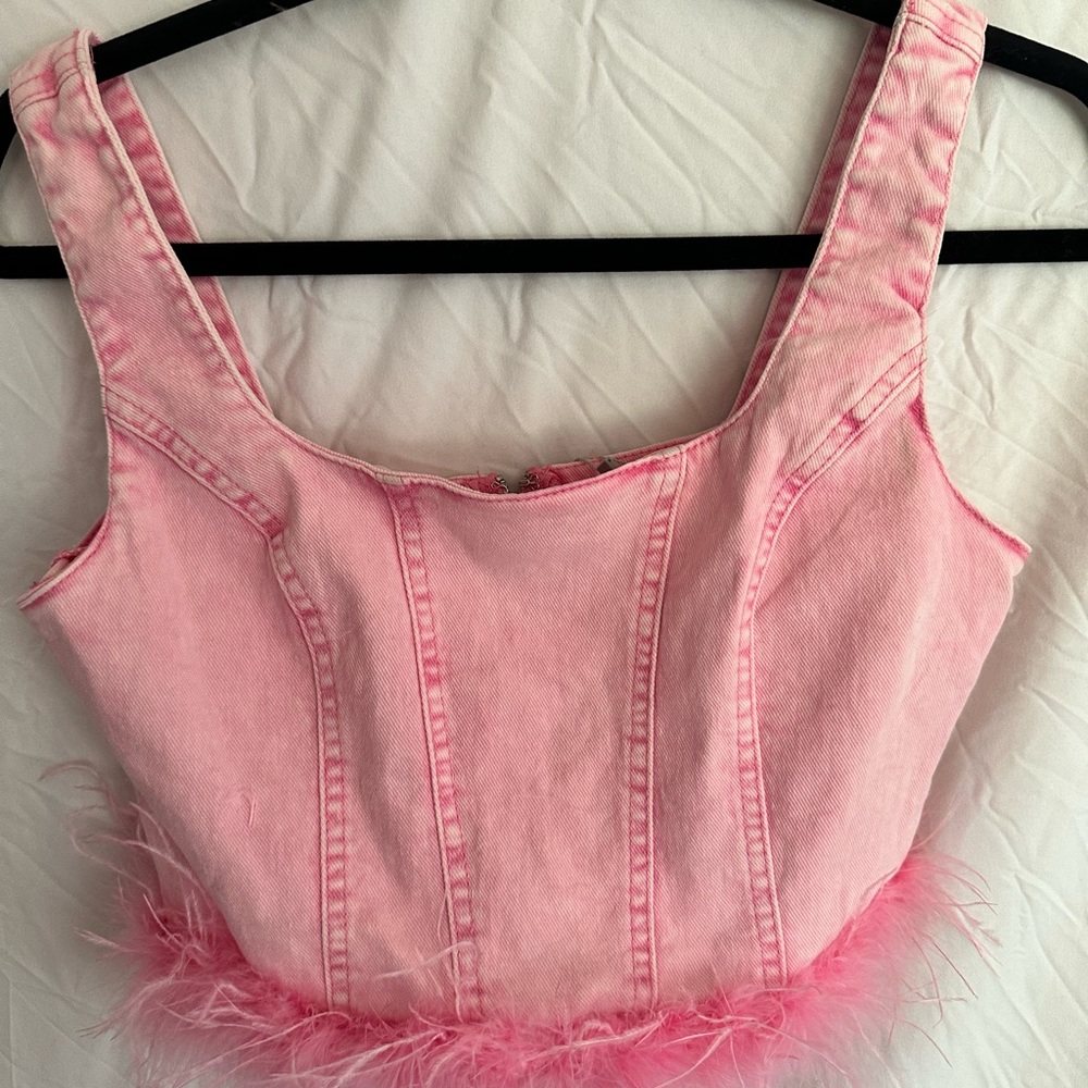 Mainstrip Pink Denim Fur Trimmed Cropped Top